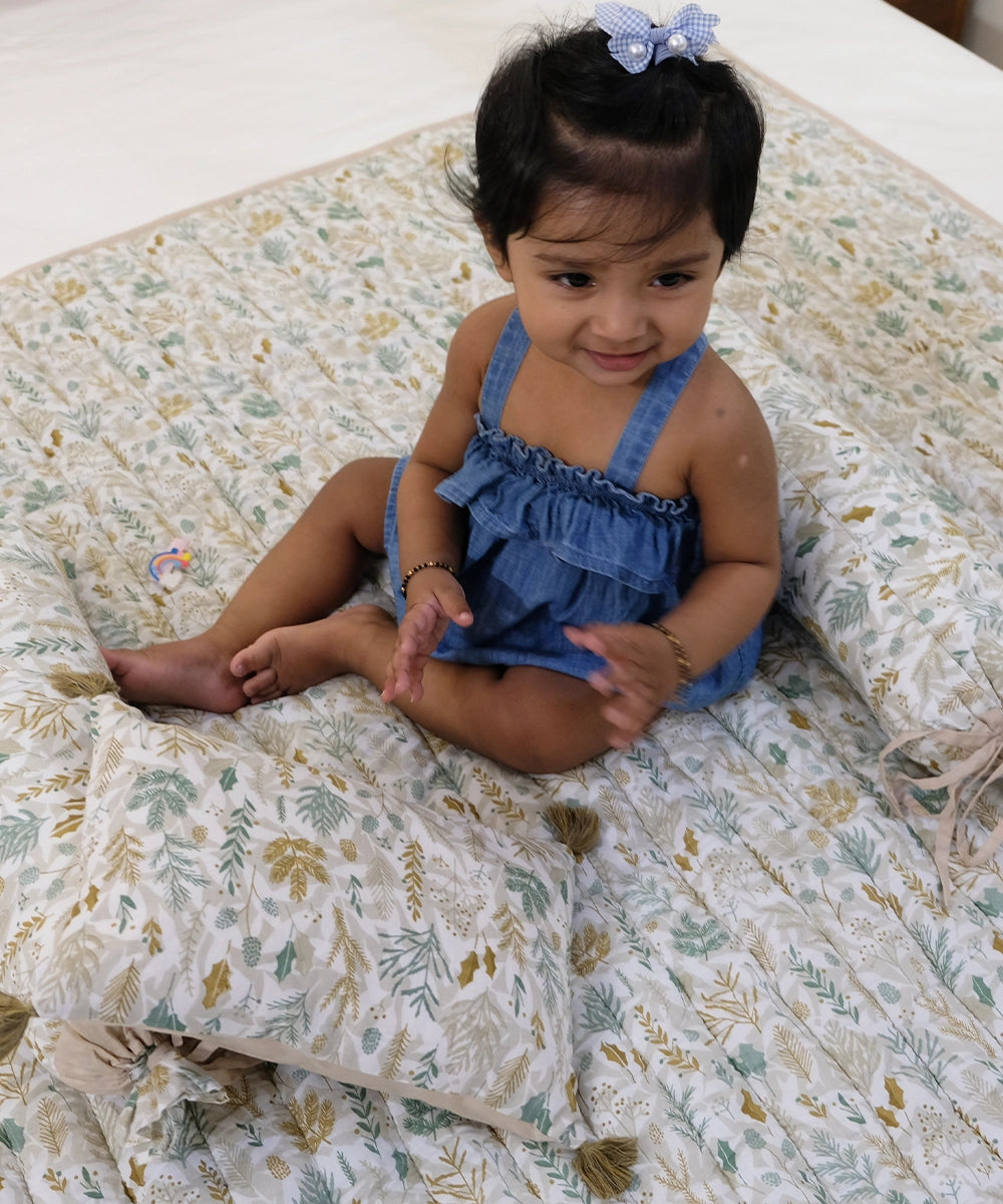 Mint Green Cotton Printed Baby Bedding Set (1 Bedding, 1 Pillow, 2 Bolsters)