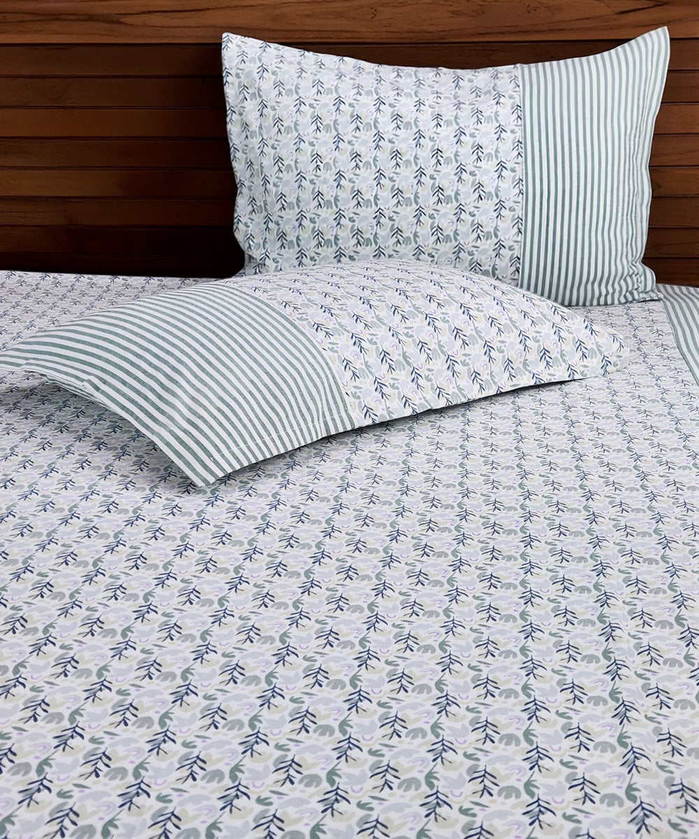 Off White & Blue Foliage Printed Cotton Bedcover with 2 Pillow Covers