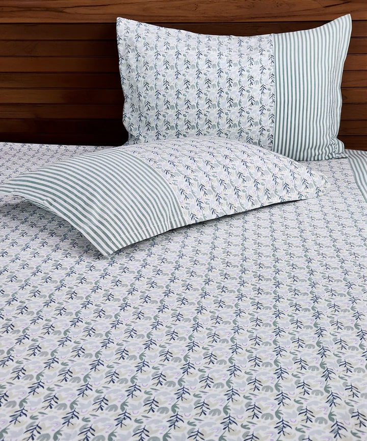 Off White & Blue Foliage Printed Cotton Bedcover with 2 Pillow Covers