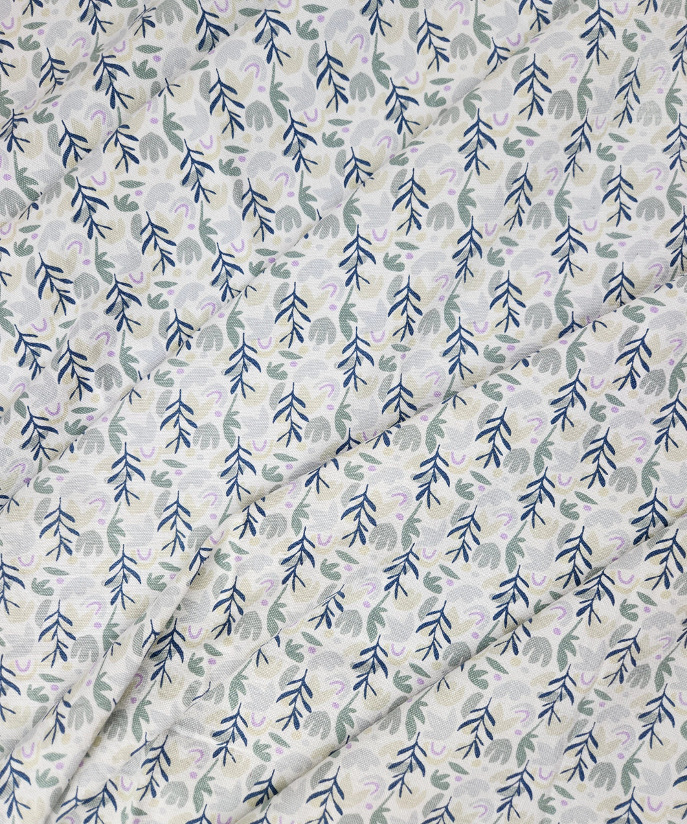 Off White & Blue Foliage Printed Cotton Bedcover with 2 Pillow Covers