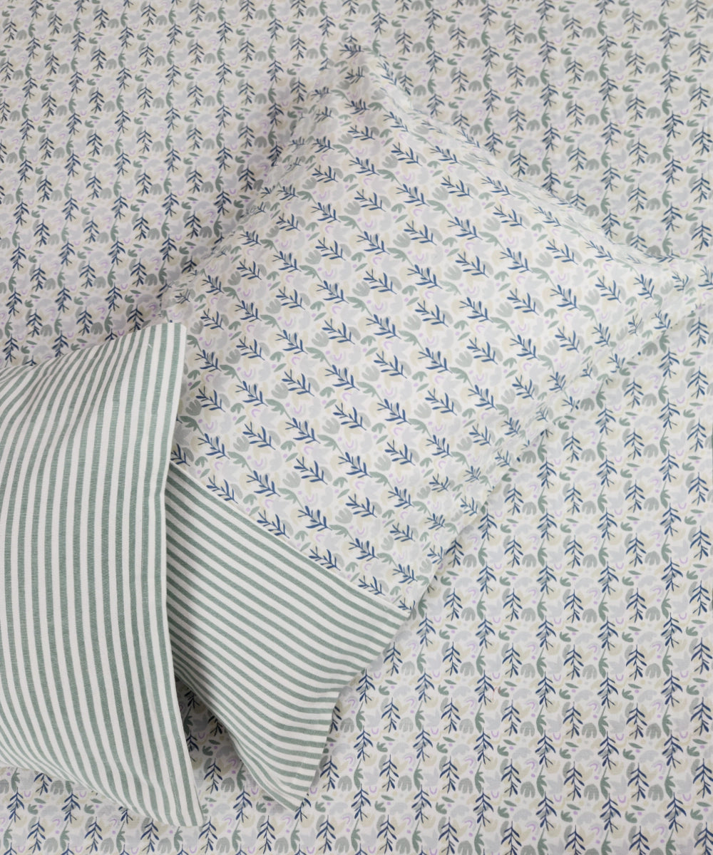 Off White & Blue Foliage Printed Cotton Bedcover with 2 Pillow Covers
