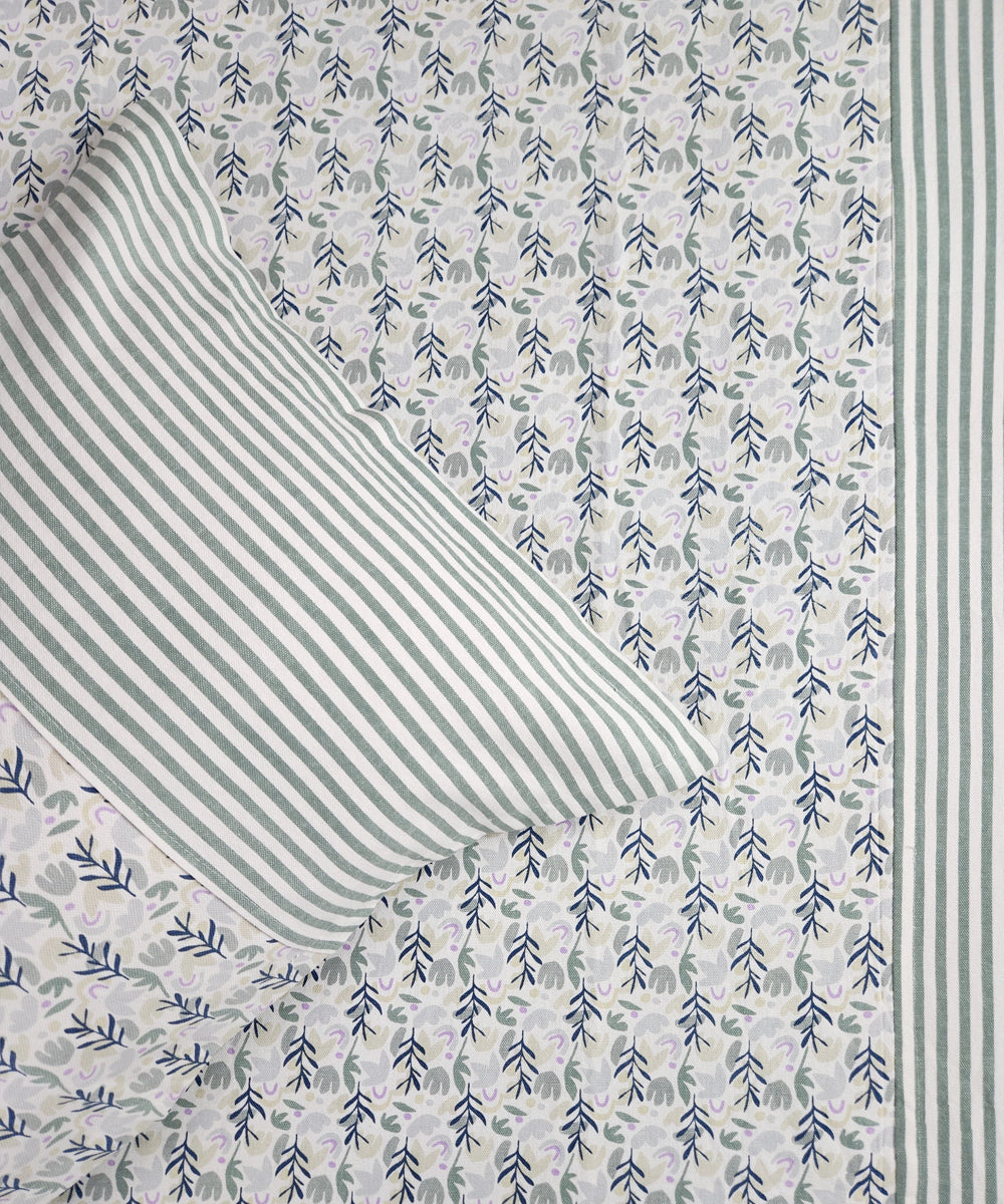 Off White & Blue Foliage Printed Cotton Bedcover with 2 Pillow Covers
