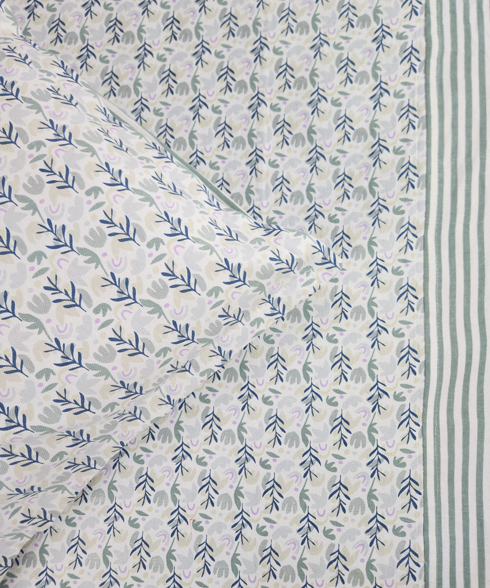 Off White & Blue Foliage Printed Cotton Bedcover with 2 Pillow Covers