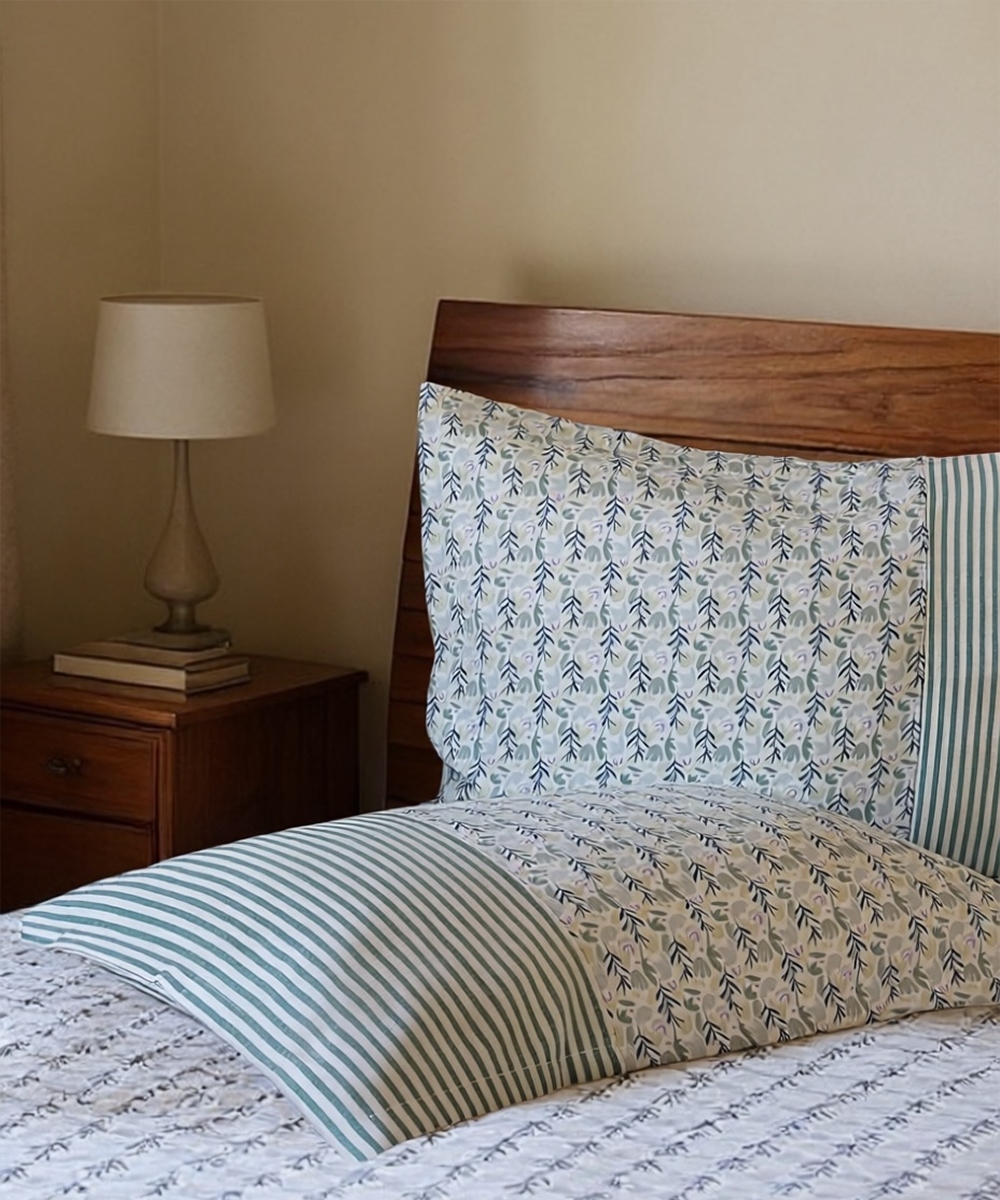 Off White & Blue Foliage Printed Cotton Bedcover with 2 Pillow Covers