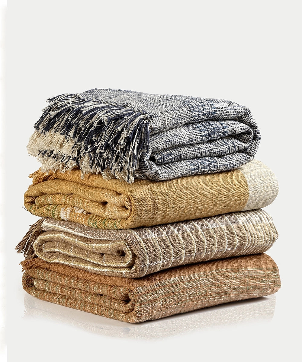 Cream with sage green and beige Fancy Yarn Handwoven Cotton Slub King Bedcover (92"x104")