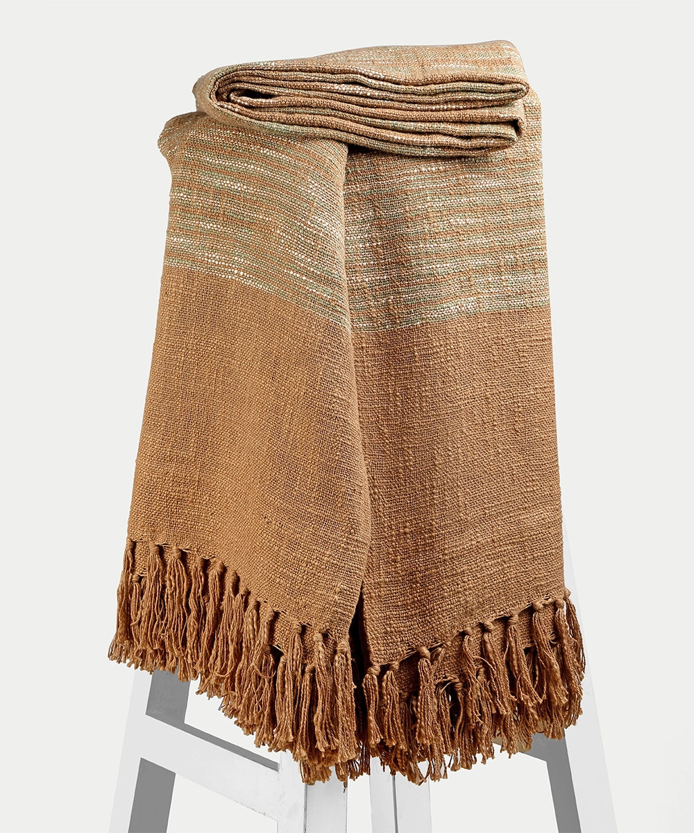 Light Brown & Sage Green Tie & Dye Handwoven Cotton Slub King Bedcover (92"x104")