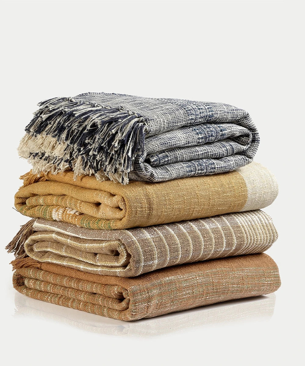 Light Brown & Sage Green Tie & Dye Handwoven Cotton Slub King Bedcover (92"x104")