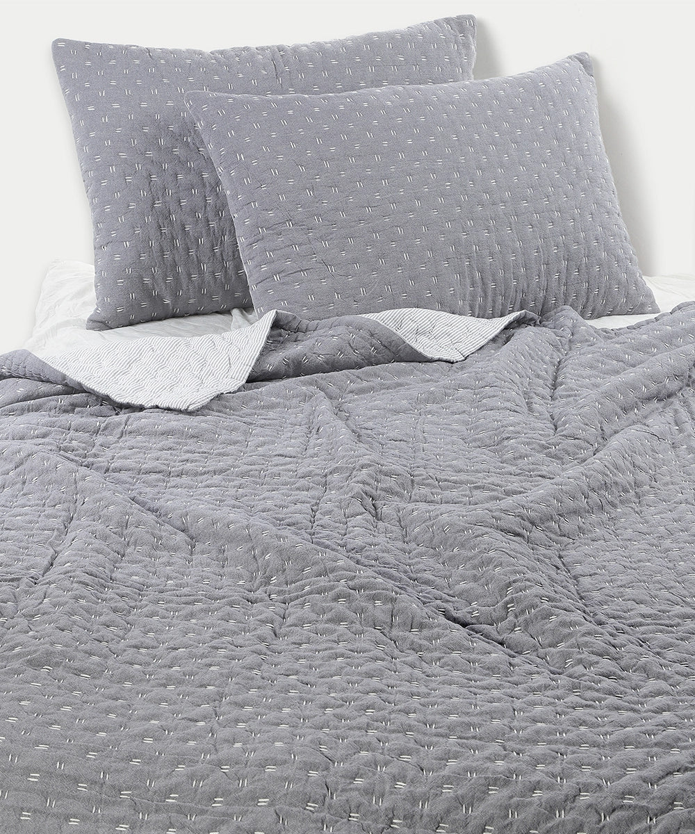 Dark Grey Quilted Criss Cross & Snow White Stripe Comforter with 2 Pillow Covers