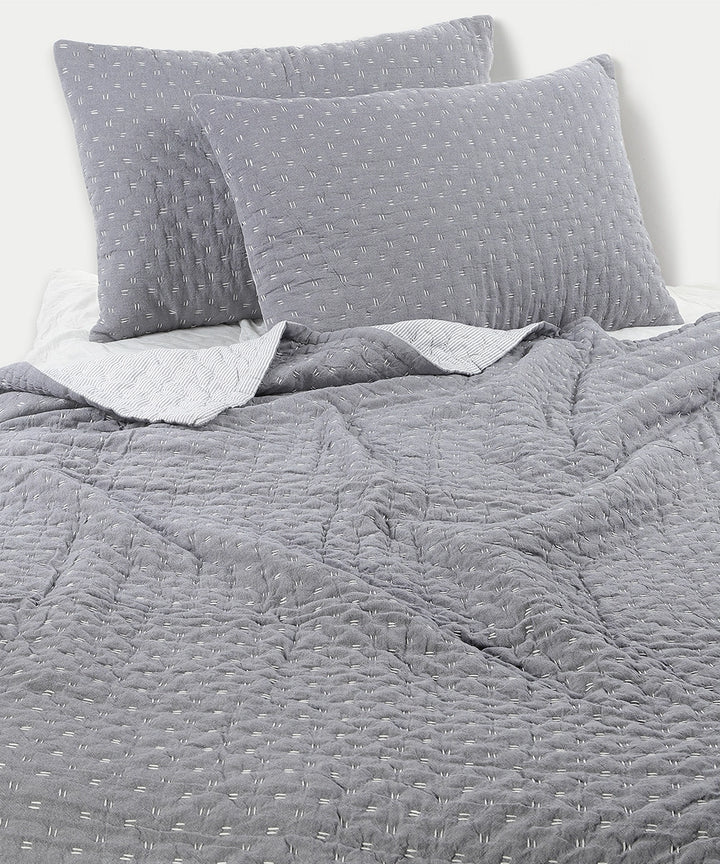 Dark Grey Quilted Criss Cross & Snow White Stripe Comforter with 2 Pillow Covers