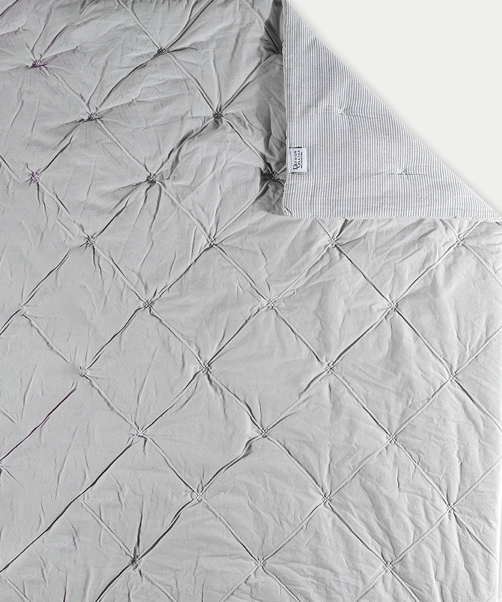 Light Grey Quilted Diamond Shape & Snow White Stripe Comforter with 2 Pillow Cover