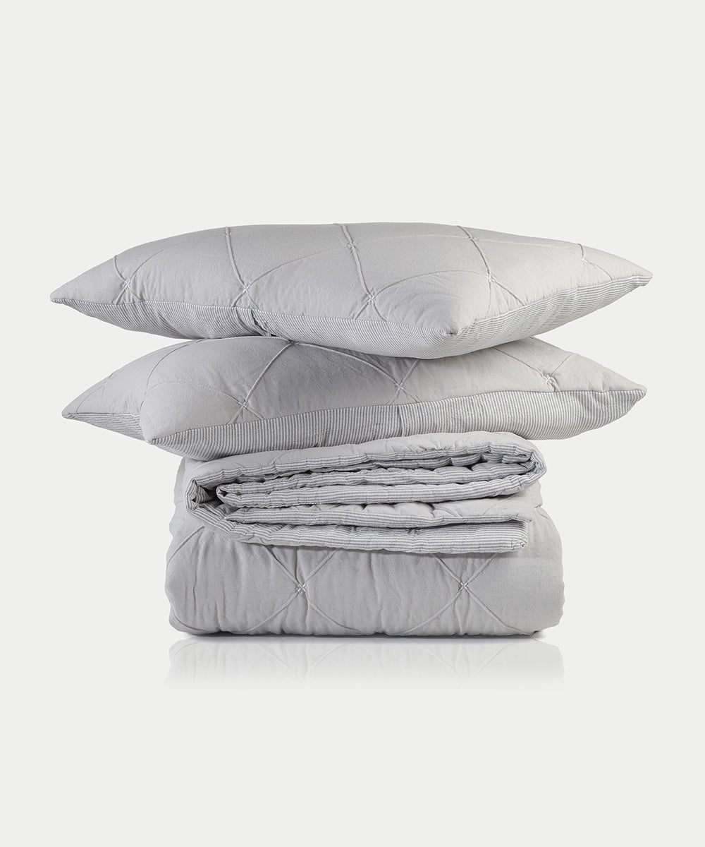 Light Grey Quilted Diamond Shape & Snow White Stripe Comforter with 2 Pillow Cover
