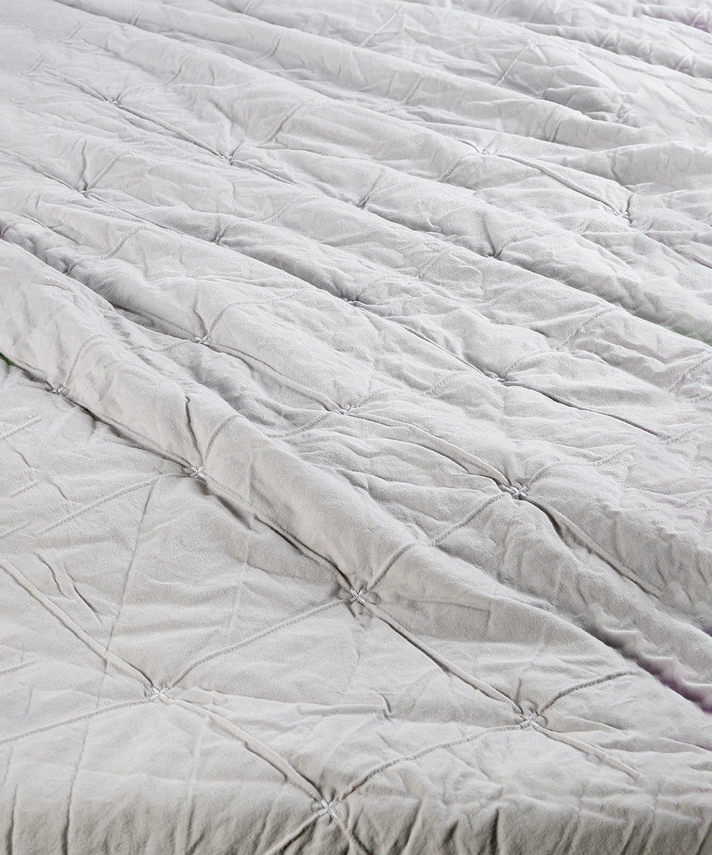 Light Grey Quilted Diamond Shape & Snow White Stripe Comforter with 2 Pillow Cover