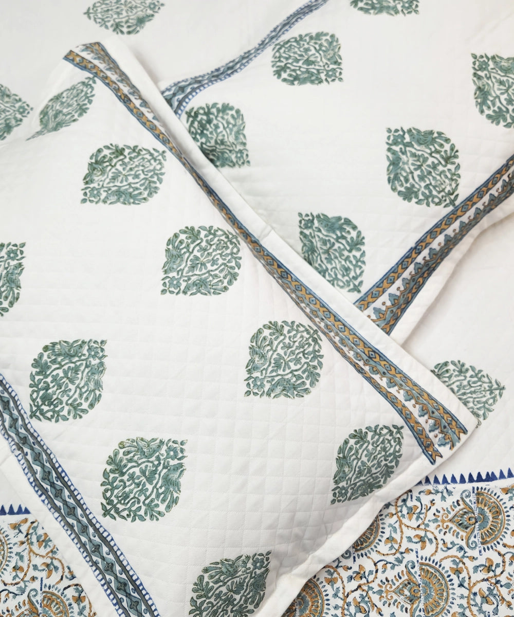 Off White with Green Block Printed Matelassé Jacquard Cotton King Bedcover with 2 pillow covers (94x102 Inches)