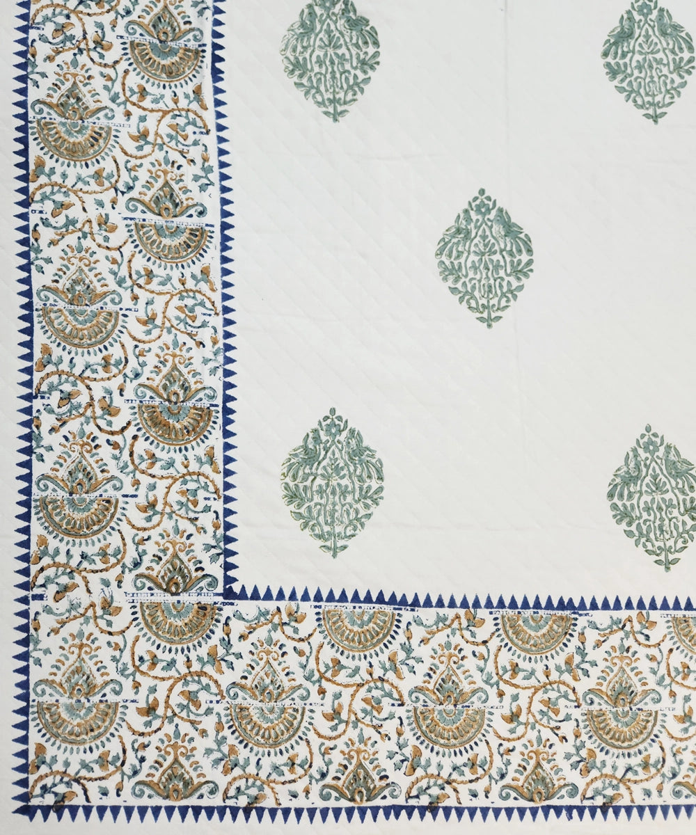 Off White with Green Block Printed Matelassé Diamond Quilted Cotton King Bedcover with 2 pillow covers (94x102 Inches)