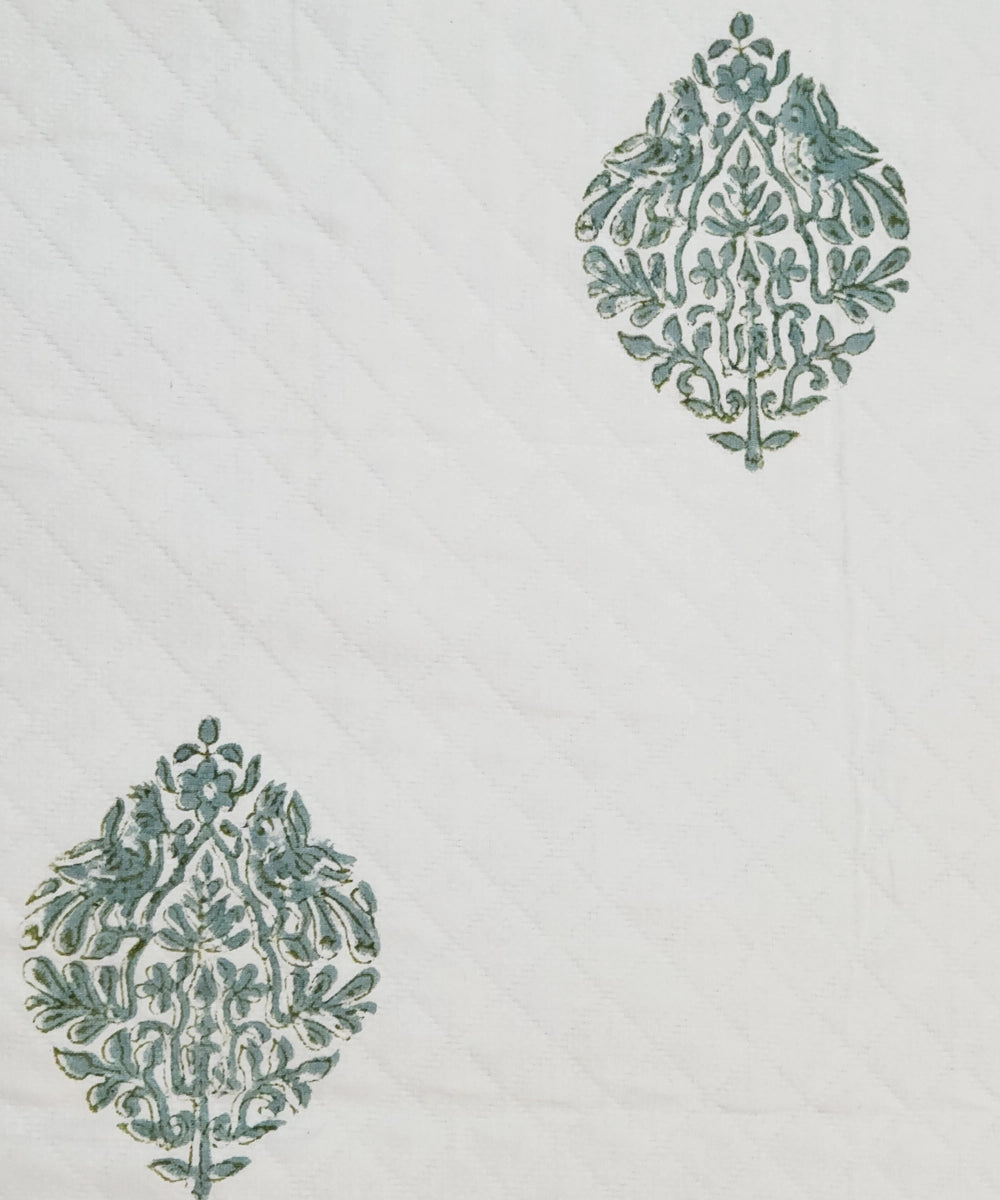 Off White with Green Block Printed Matelassé Jacquard Cotton King Bedcover with 2 pillow covers (94x102 Inches)