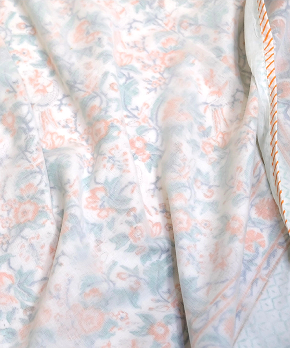 Orange and Green Floral Hand Block Printed Fine Cotton Three Layered Single Dohar