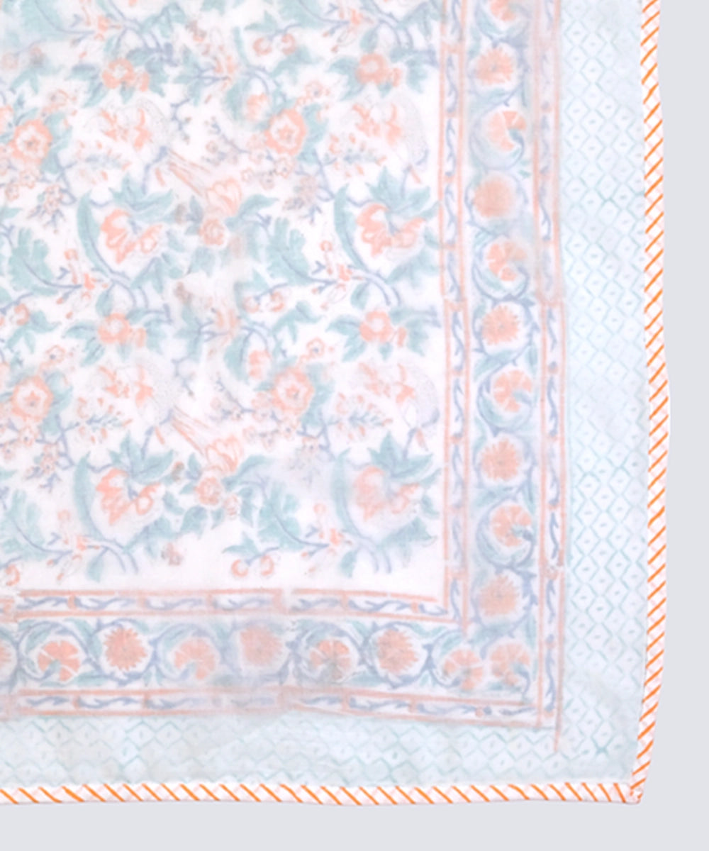 Orange and Green Floral Hand Block Printed Fine Cotton Three Layered Single Dohar
