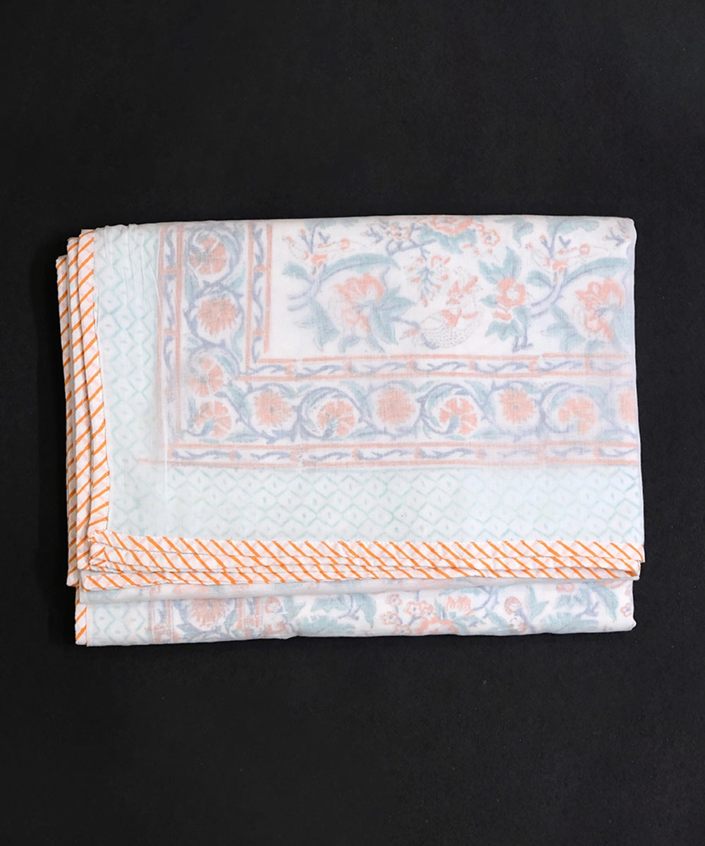 Orange and Green Floral Hand Block Printed Fine Cotton Three Layered Single Dohar