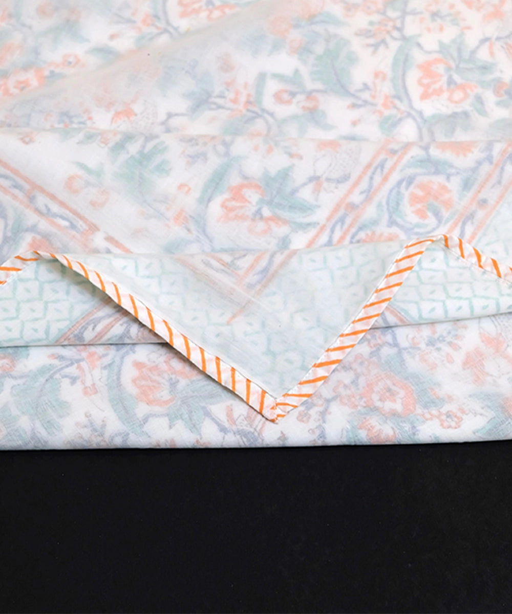 Orange and Green Floral Hand Block Printed Fine Cotton Three Layered Single Dohar