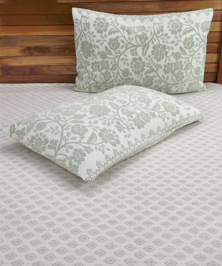 Off White & Greyish Green Cotton Jacquard Queen Bedcover with 2 Pillow Covers