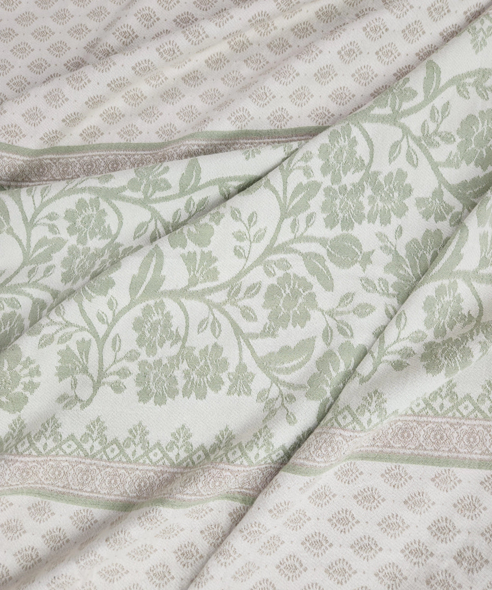 Off White & Greyish Green Cotton Jacquard Queen Bedcover with 2 Pillow Covers