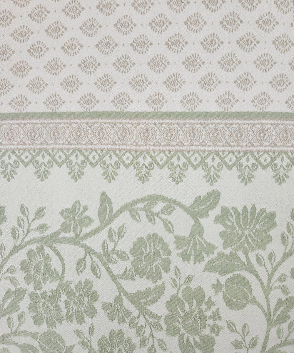 Off White & Greyish Green Cotton Jacquard Queen Bedcover with 2 Pillow Covers