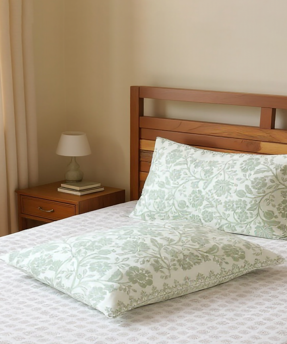 Off White & Greyish Green Cotton Jacquard Queen Bedcover with 2 Pillow Covers