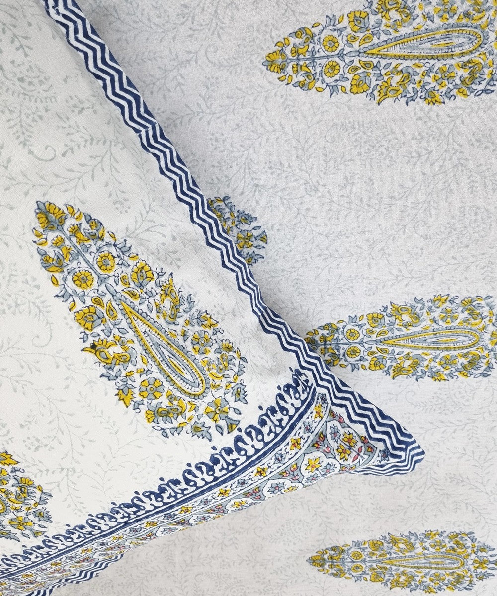 Grey Yellow Paisley Block Printed Cotton King Bedsheet with 2 Pillow Covers