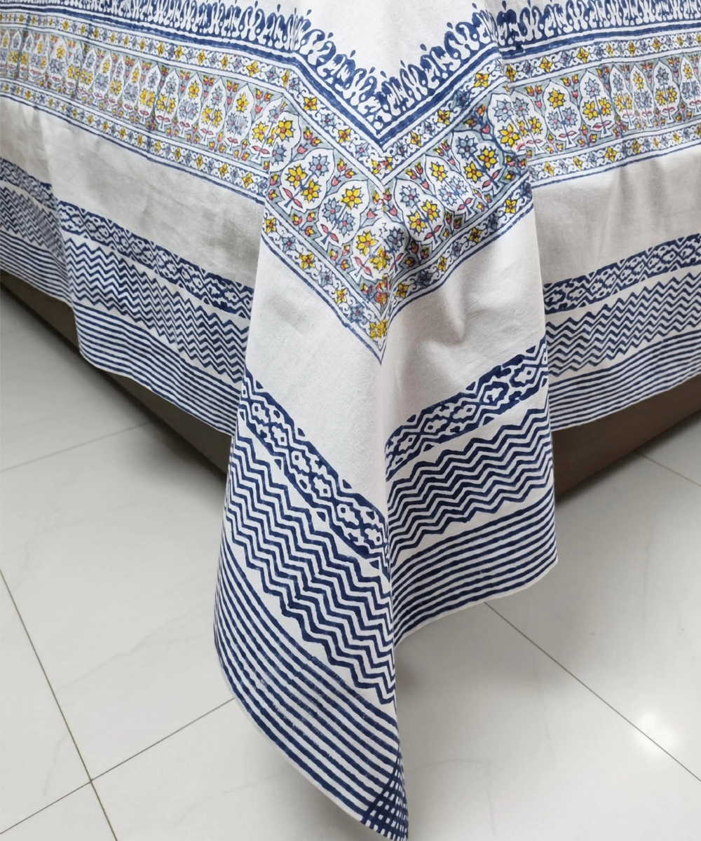 Grey Yellow Paisley Block Printed Cotton King Bedsheet with 2 Pillow Covers