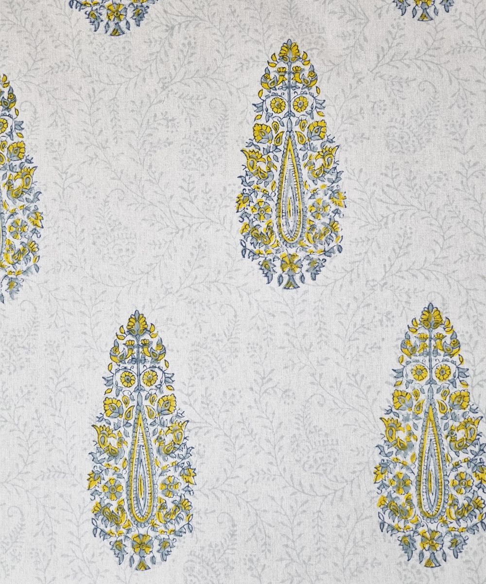 Grey Yellow Paisley Block Printed Cotton King Bedsheet with 2 Pillow Covers