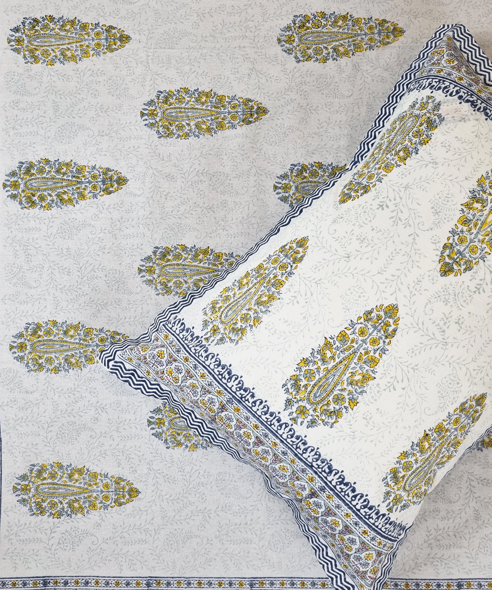 Grey Yellow Paisley Block Printed Cotton King Bedsheet with 2 Pillow Covers