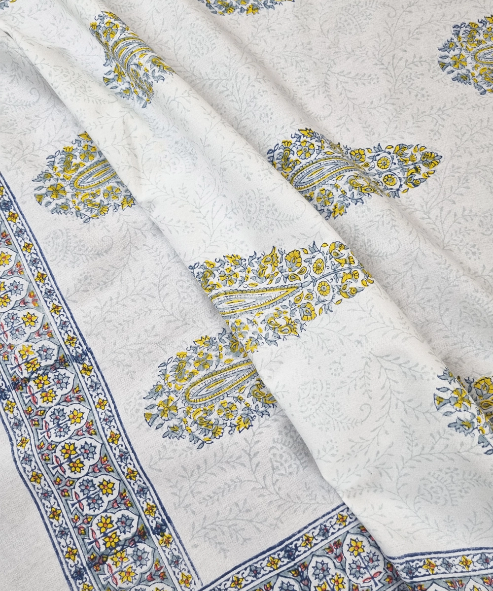 Grey Yellow Paisley Block Printed Cotton King Bedsheet with 2 Pillow Covers