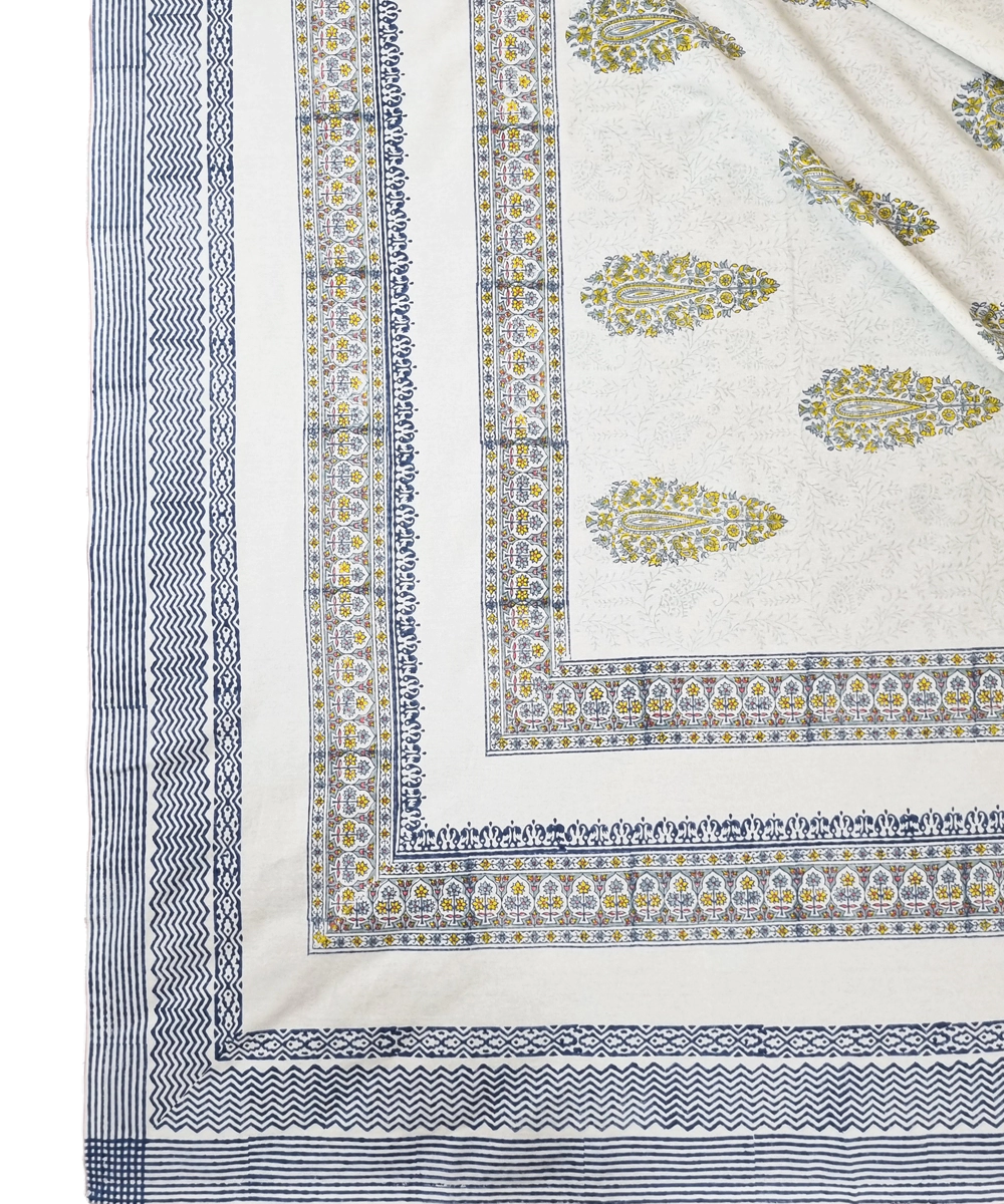 Grey Yellow Paisley Block Printed Cotton King Bedsheet with 2 Pillow Covers