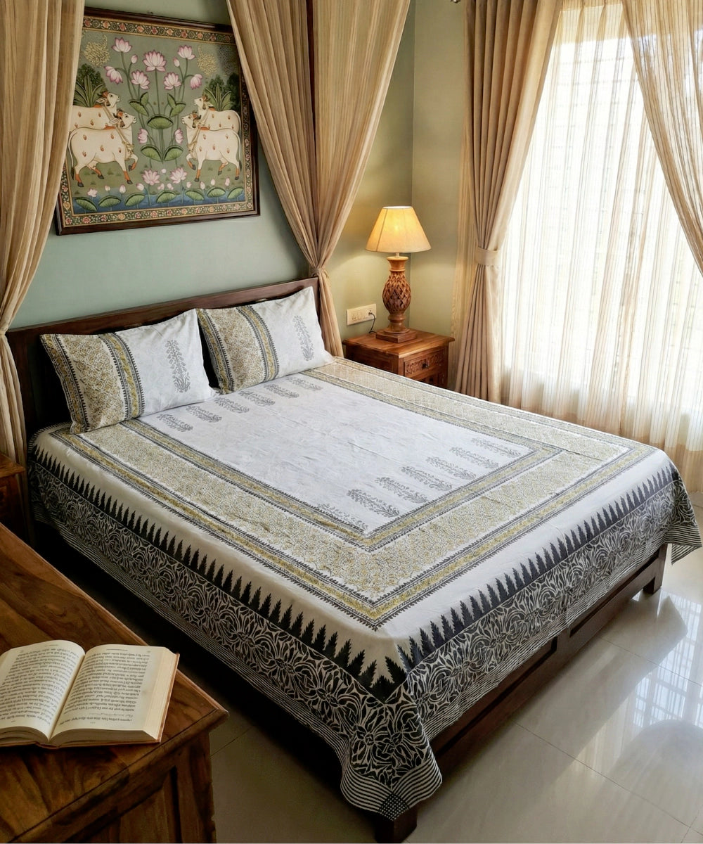 Grey Yellow Moroccan Floral Block Printed Cotton King Bedsheet with 2 Pillow Covers