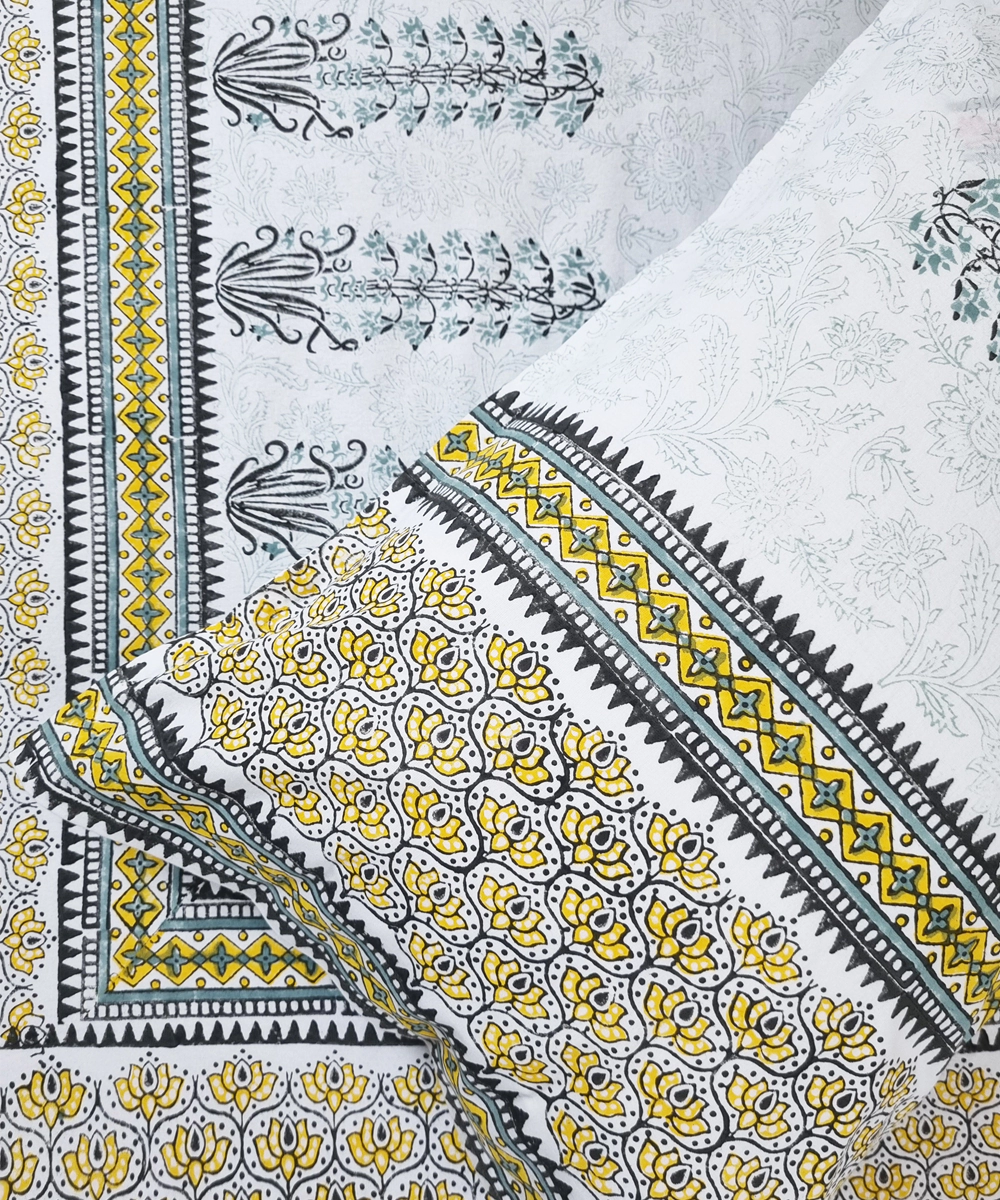 Grey Yellow Moroccan Floral Block Printed Cotton King Bedsheet with 2 Pillow Covers