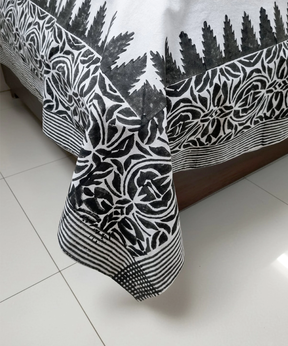 Grey Yellow Moroccan Floral Block Printed Cotton King Bedsheet with 2 Pillow Covers