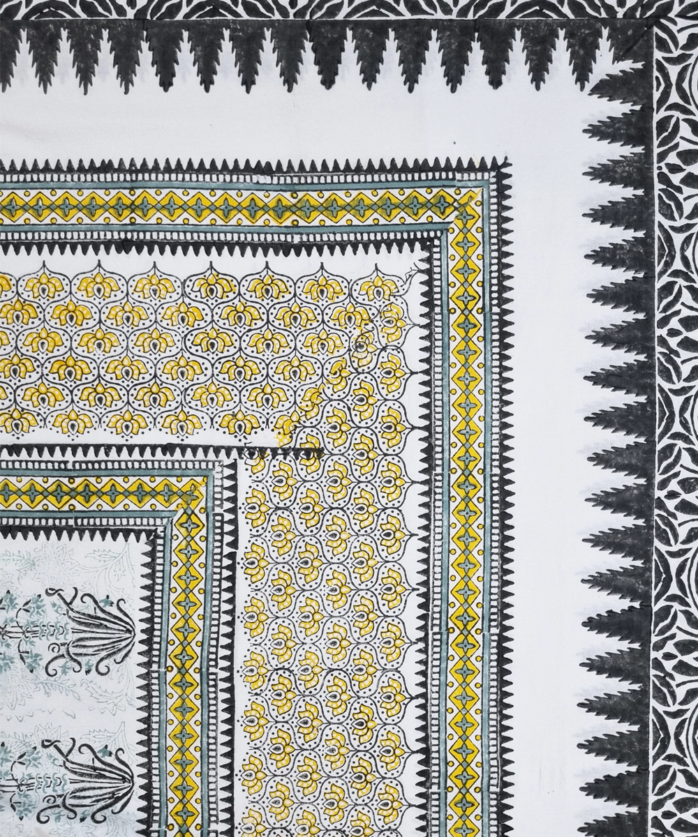 Grey Yellow Moroccan Floral Block Printed Cotton King Bedsheet with 2 Pillow Covers