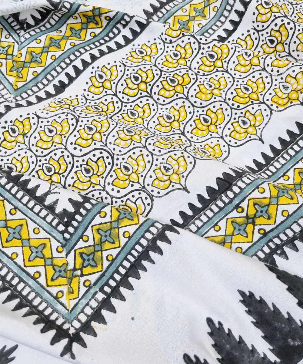 Grey Yellow Moroccan Floral Block Printed Cotton King Bedsheet with 2 Pillow Covers