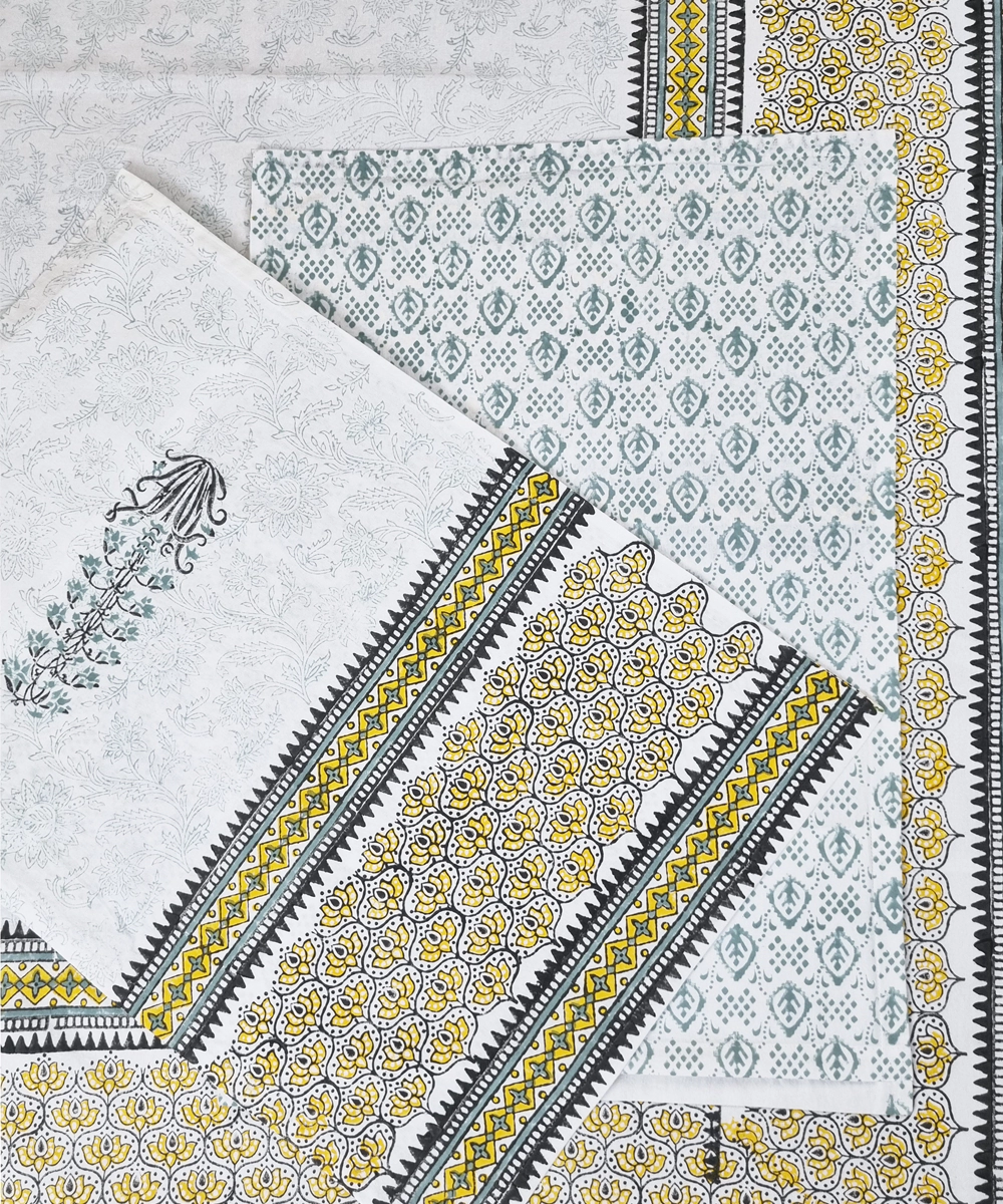 Grey Yellow Moroccan Floral Block Printed Cotton King Bedsheet with 2 Pillow Covers