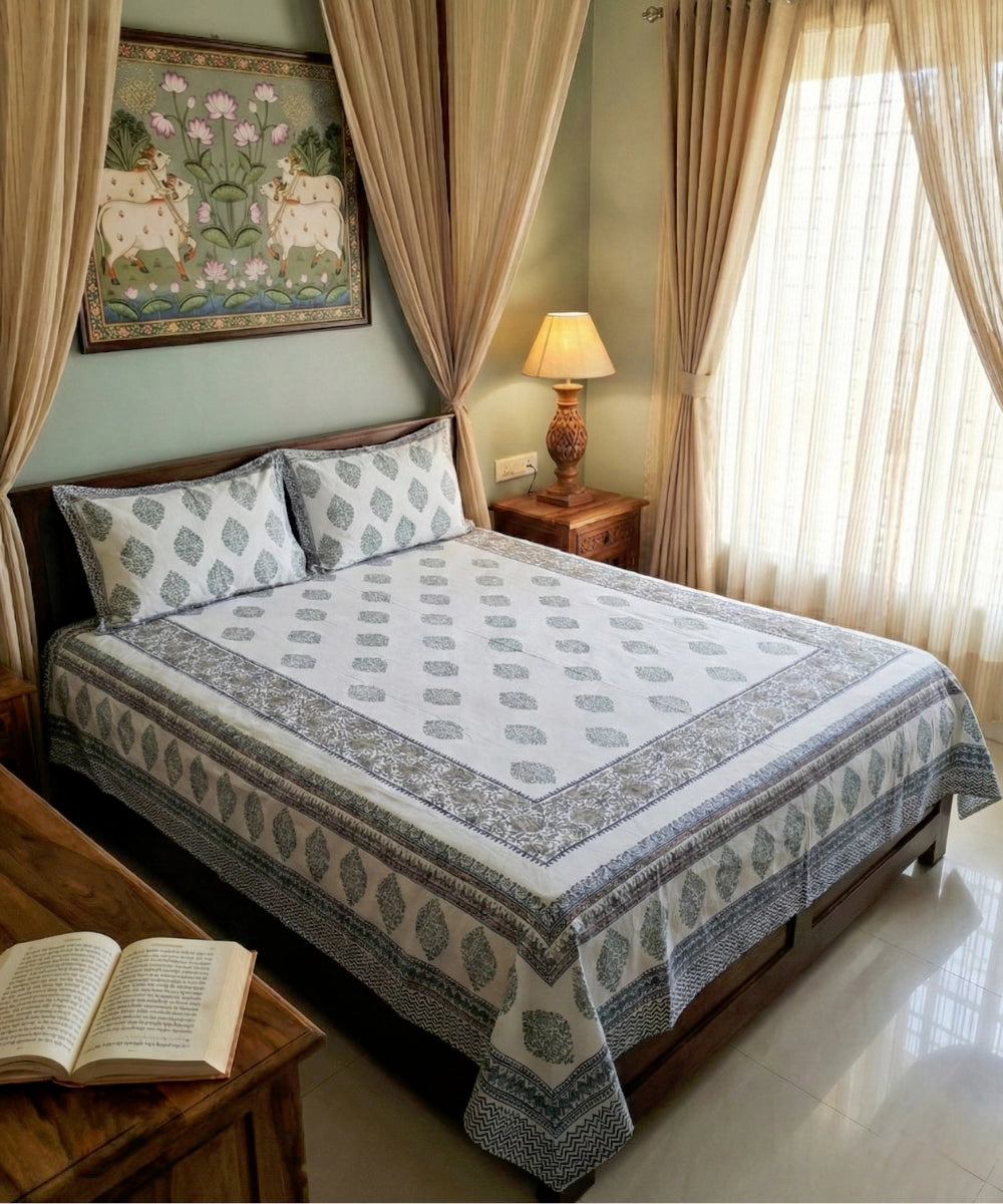 White Green Parrot  Block Printed Cotton King Bedsheet with 2 Pillow Covers