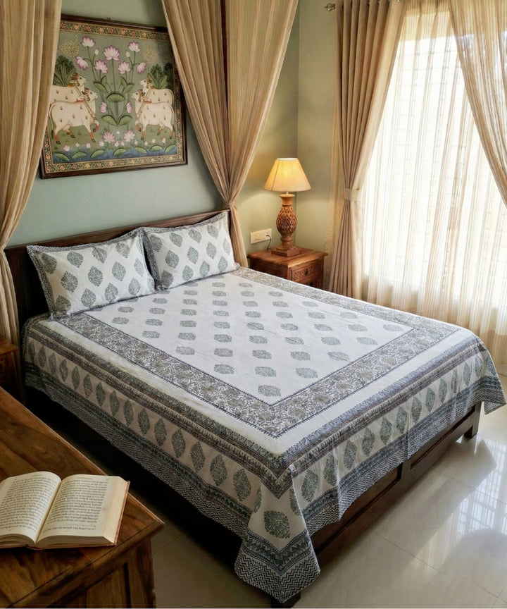 White Green Parrot  Block Printed Cotton King Bedsheet with 2 Pillow Covers