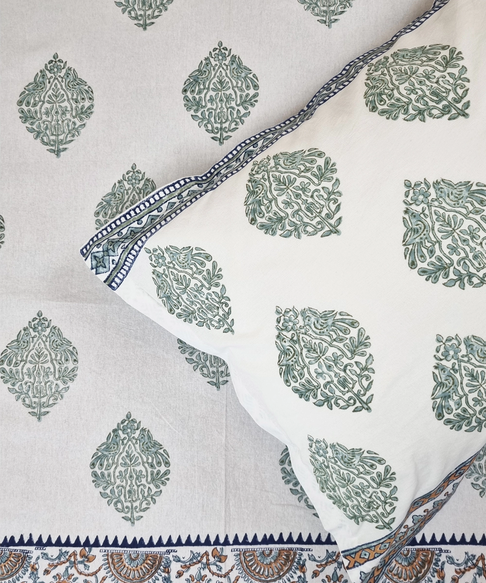 White Green Parrot  Block Printed Cotton King Bedsheet with 2 Pillow Covers
