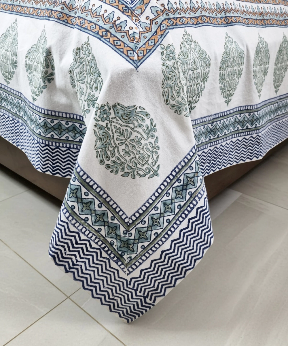 White Green Parrot  Block Printed Cotton King Bedsheet with 2 Pillow Covers