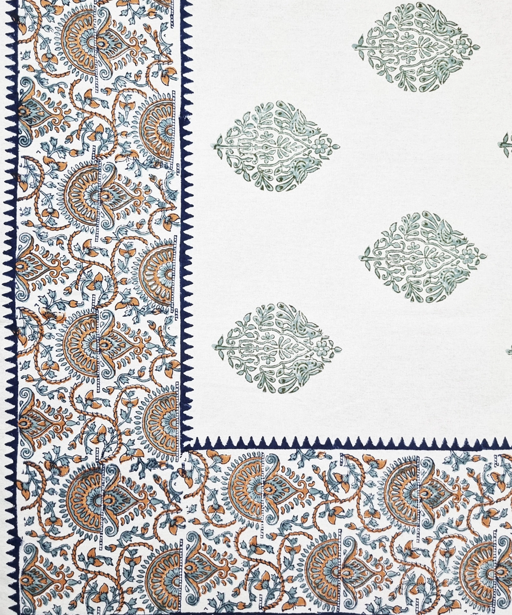 White Green Parrot  Block Printed Cotton King Bedsheet with 2 Pillow Covers