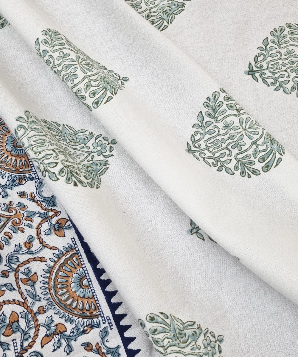 White Green Parrot  Block Printed Cotton King Bedsheet with 2 Pillow Covers