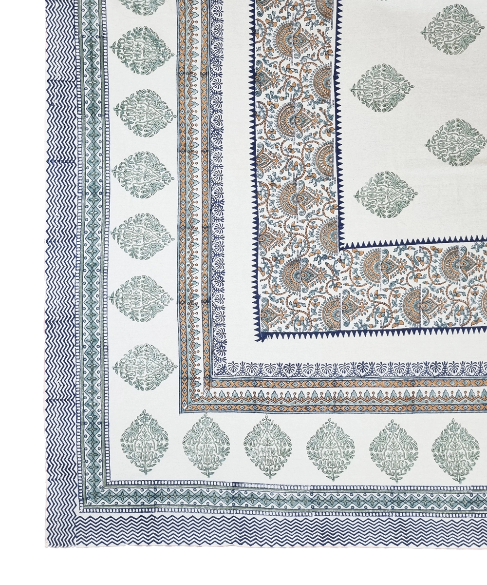 White Green Parrot  Block Printed Cotton King Bedsheet with 2 Pillow Covers