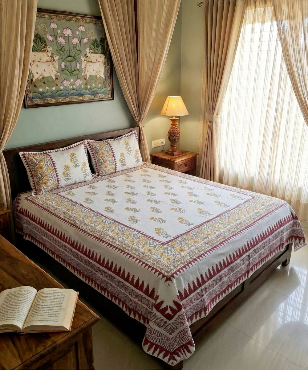 Maroon Yellow Floral Block Printed Cotton King Bedsheet with 2 Pillow Covers