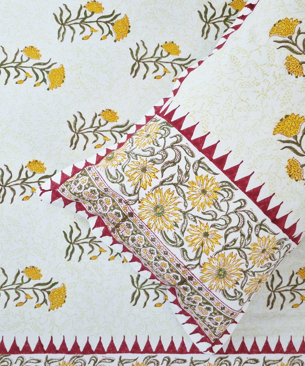 Maroon Yellow Floral Block Printed Cotton King Bedsheet with 2 Pillow Covers