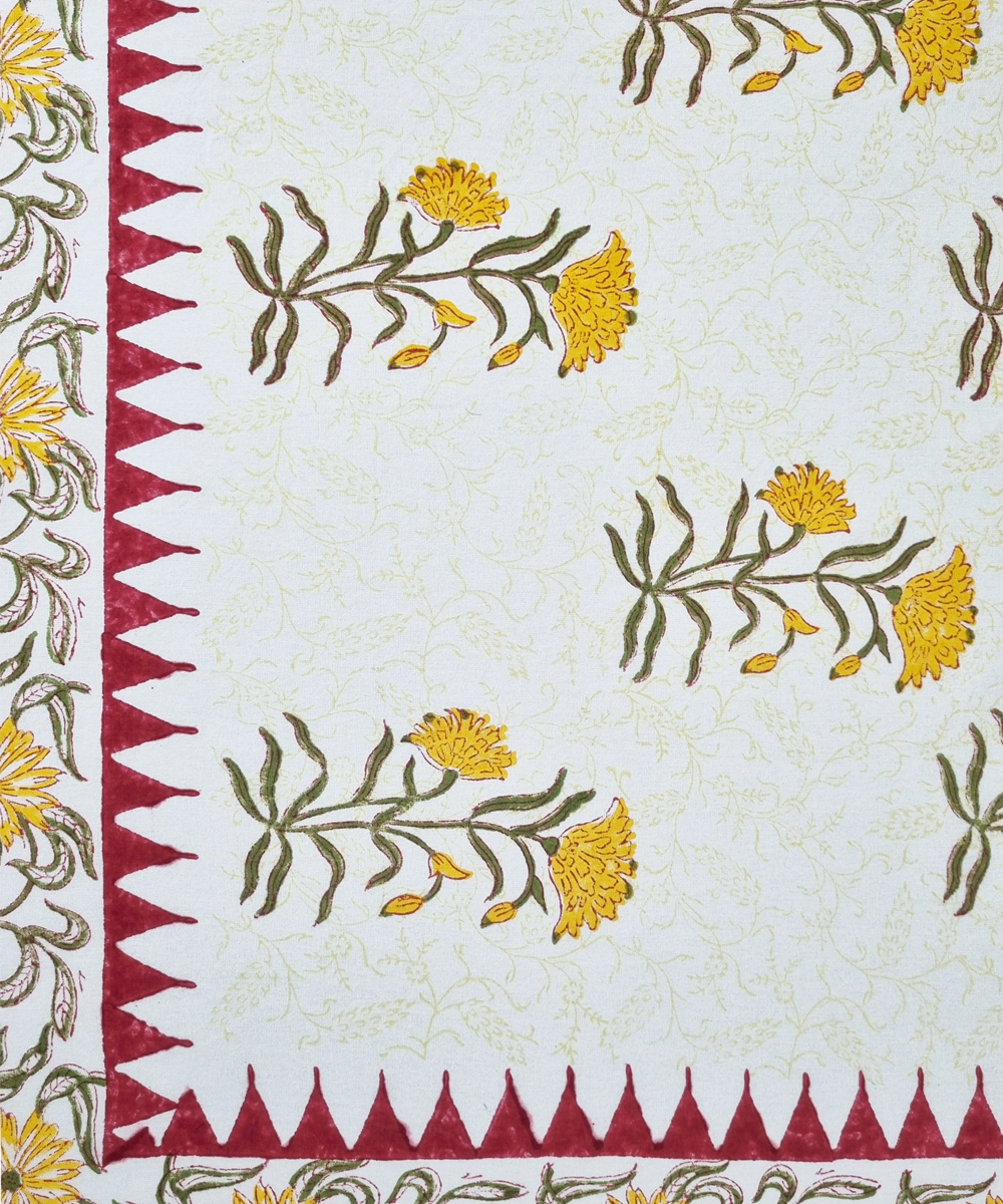 Maroon Yellow Floral Block Printed Cotton King Bedsheet with 2 Pillow Covers