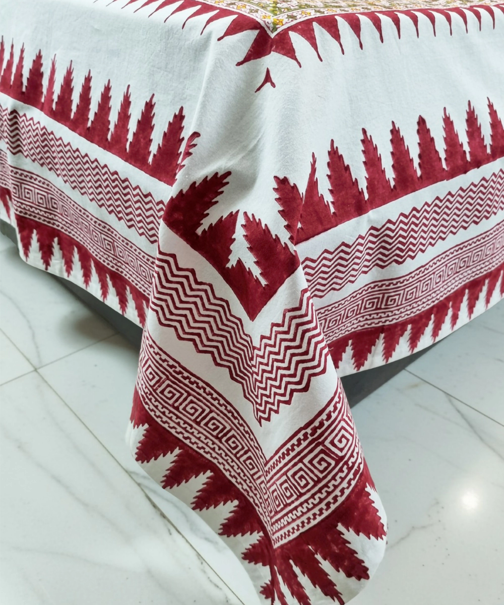 Maroon Yellow Floral Block Printed Cotton King Bedsheet with 2 Pillow Covers